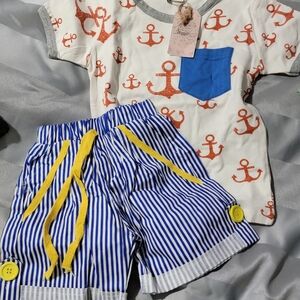 Nautical Anchor Tee & Striped Shorts Set - Blue, White & Yellow